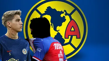 Kevin Álvarez y jugador incógnito de Chivas junto al escudo del América / FOTO MEXSPORT