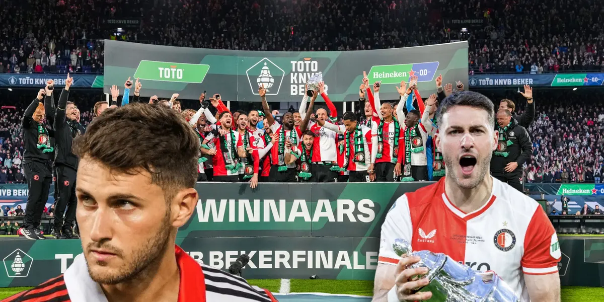 Santiago Giménez con trofeo y de fondo compañeros celebrando/ Foto Feyenoord.