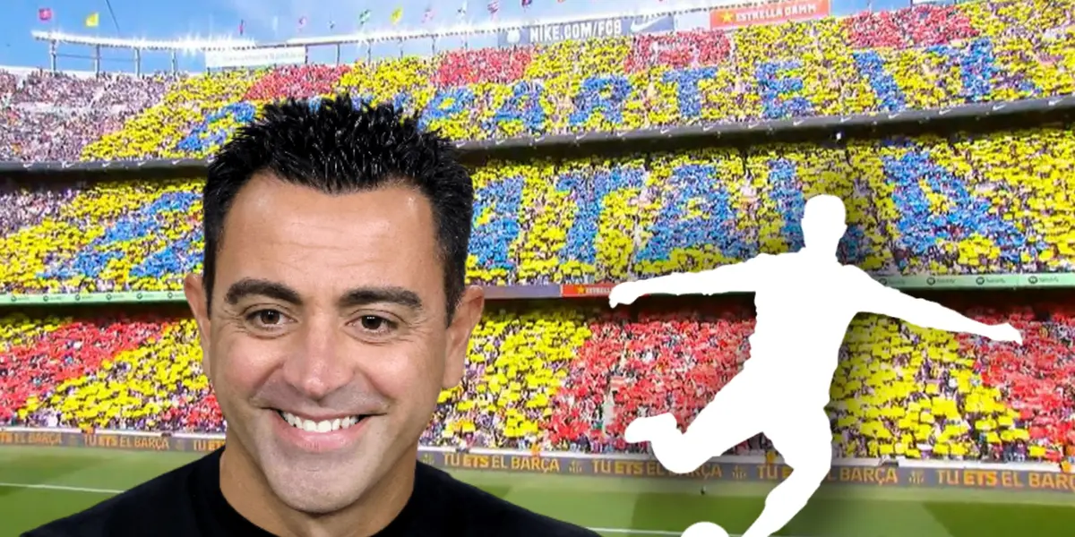 Xavi Hernández sonriente y silueta de futbolista pateando/ Foto Sport.