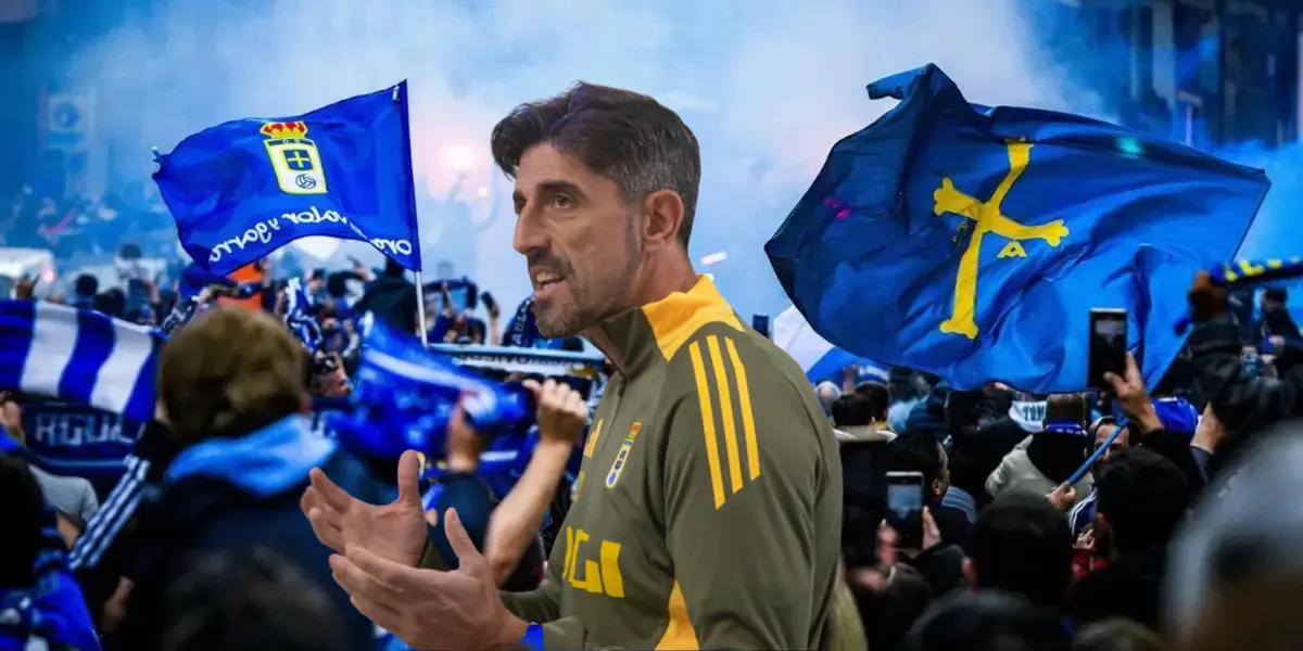 Afición del Real Oviedo de fondo, tomado de Relevo, con Paunoviç al frente