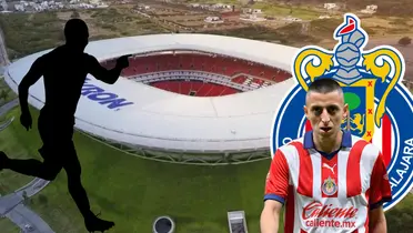 Akron de fondo, foto de Estadios, con Alvarado y escudo de Chivas al frente