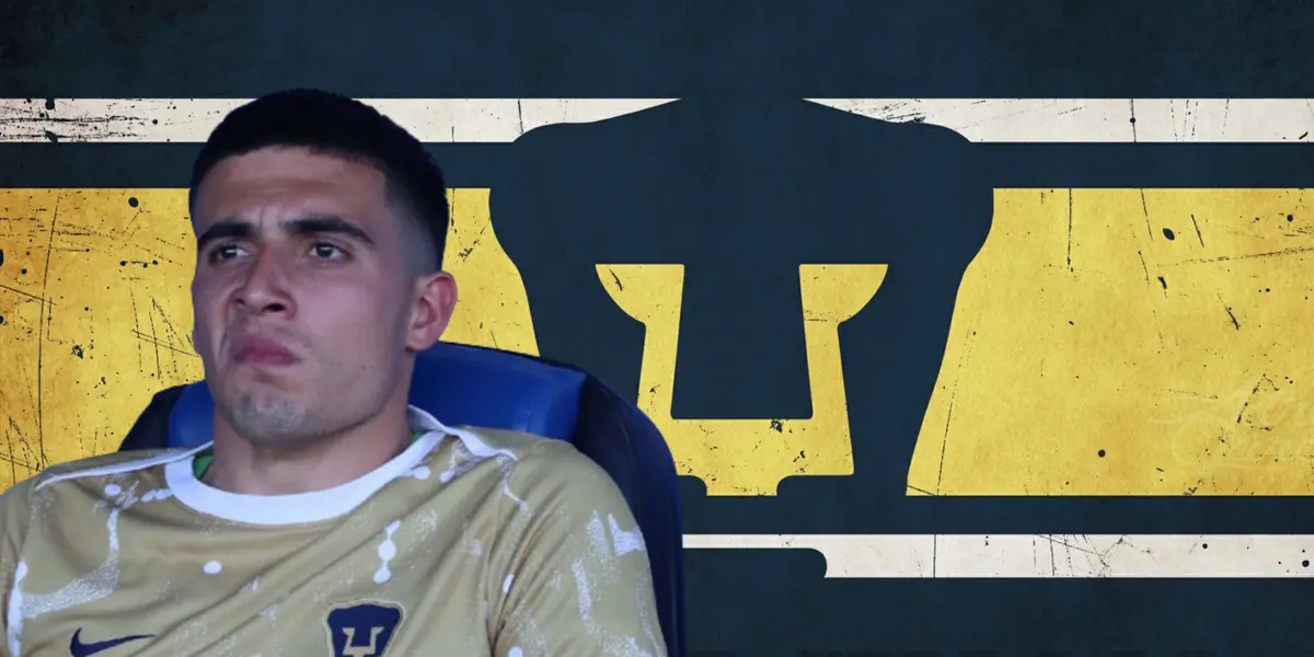 Álex Padilla junto al escudo de Pumas / FOTO ESTO