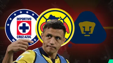 Alexis Sánchez junto a escudos de Cruz Azul, América y Pumas / FOTO GETTY IMAGES