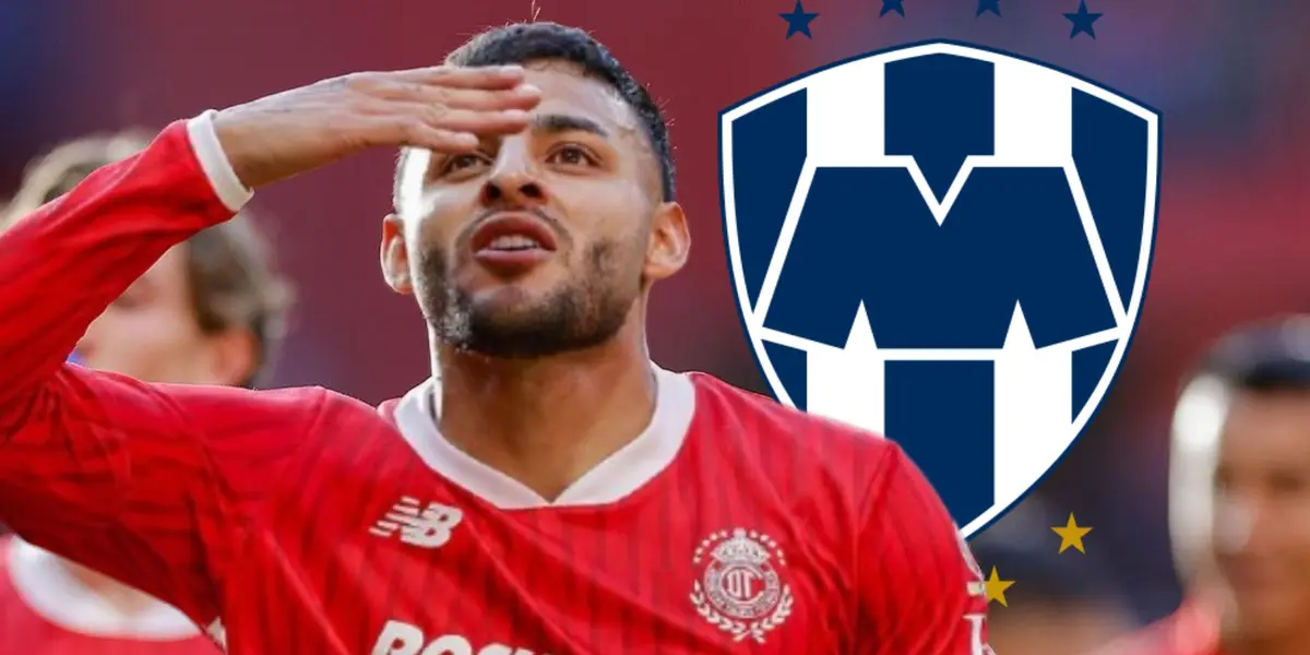 Alexis Vega junto al escudo de Monterrey / FOTO FOX DEPORTES
