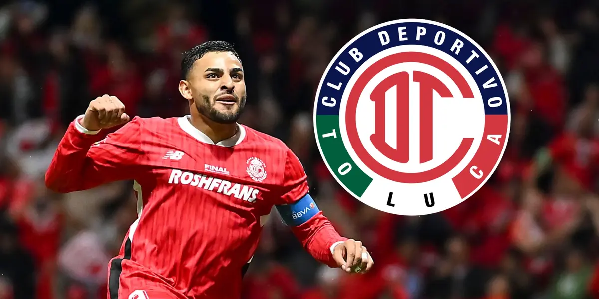 Alexis Vega junto al escudo del Toluca / FOTO RÉCORD