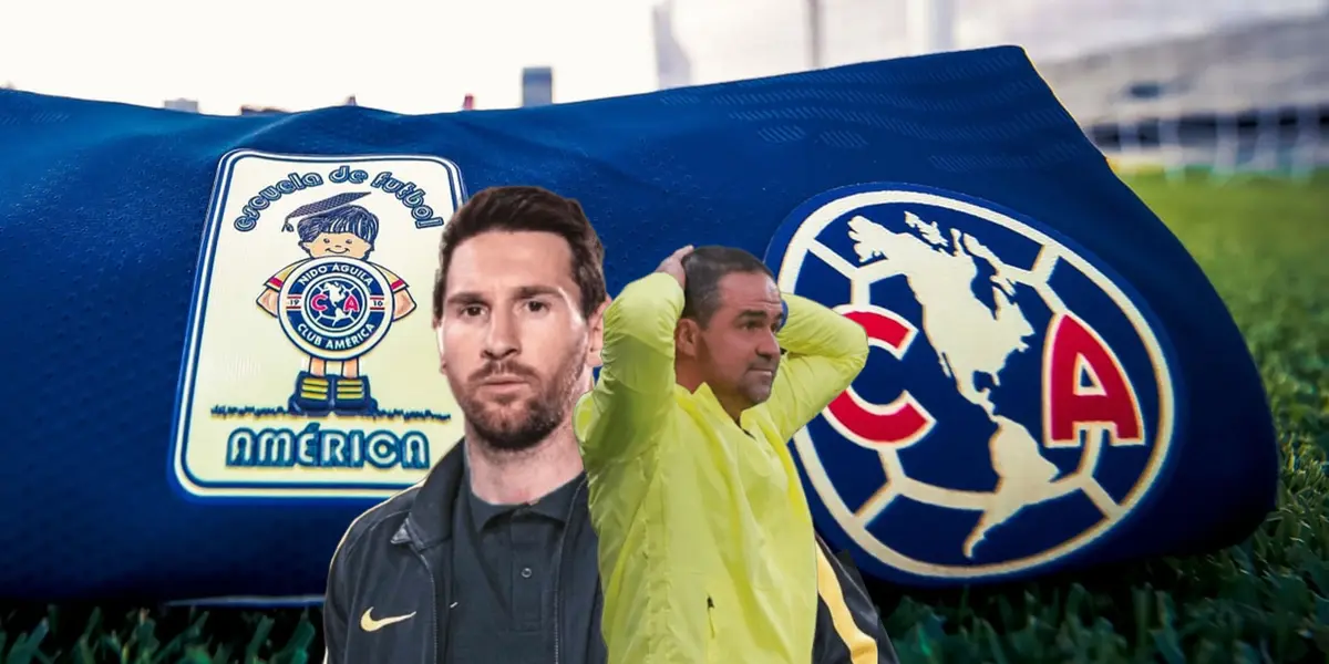 André Jardine con manos en la cabeza y Lionel Messi/Foto Club América.