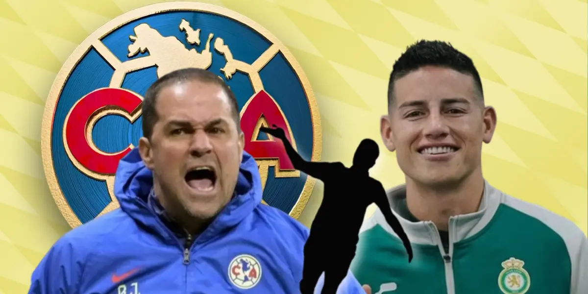 André Jardine gritando, James Rodríguez y silueta de jugador/Foto Club América.