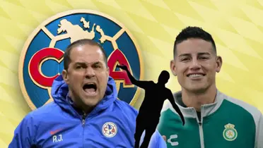 André Jardine gritando, James Rodríguez y silueta de jugador/Foto Club América.