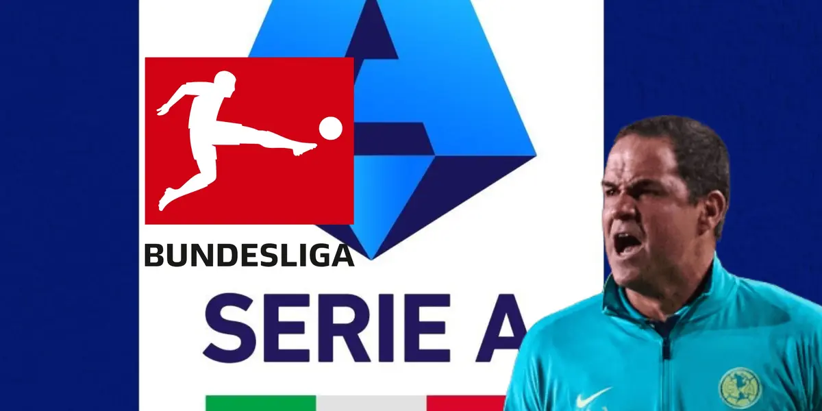 André Jardine gritando y logos de Serie A y Bundesliga/Foto Pinterest.