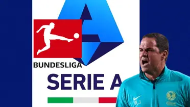 André Jardine gritando y logos de Serie A y Bundesliga/Foto Pinterest.