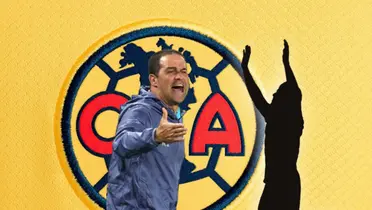 André Jardine gritando y silueta de futbolista hincado/ Foto Ame Shop.