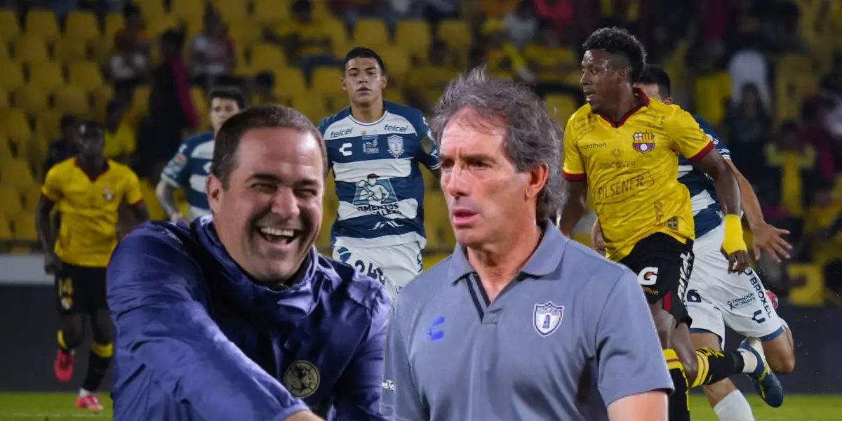 André Jardine, Guillermo Almada y futbolistas disputando balón/ Foto El Universo.