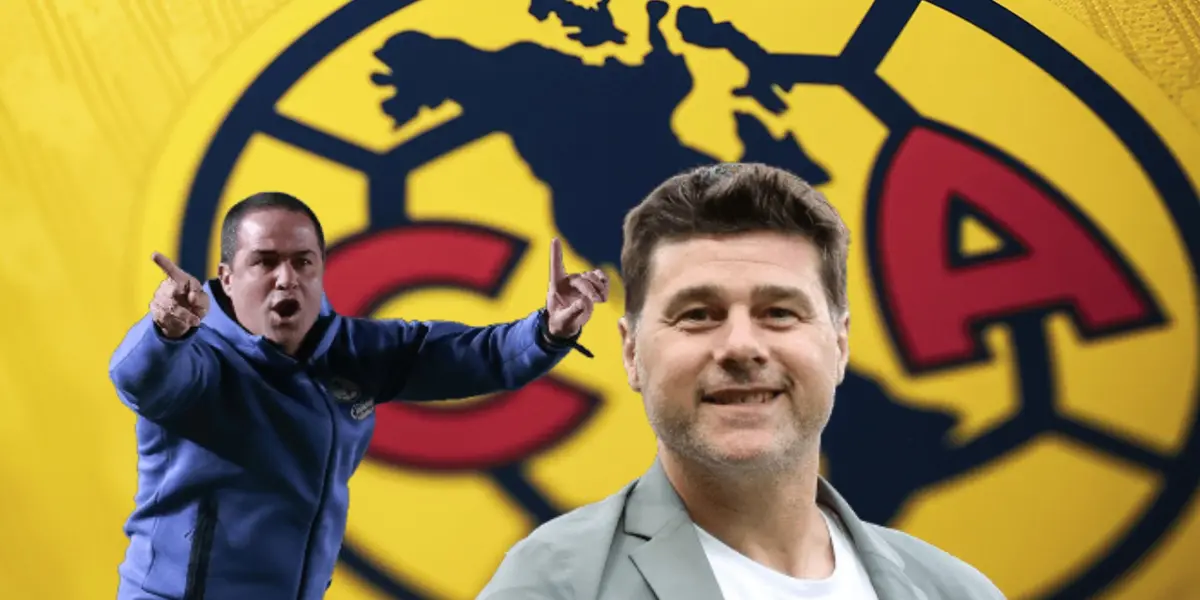 André Jardine haciendo señas y Mauricio Pochettino sonriendo/Foto Club América.