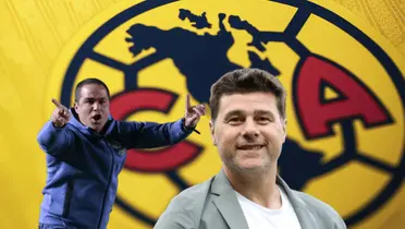 André Jardine haciendo señas y Mauricio Pochettino sonriendo/Foto Club América.