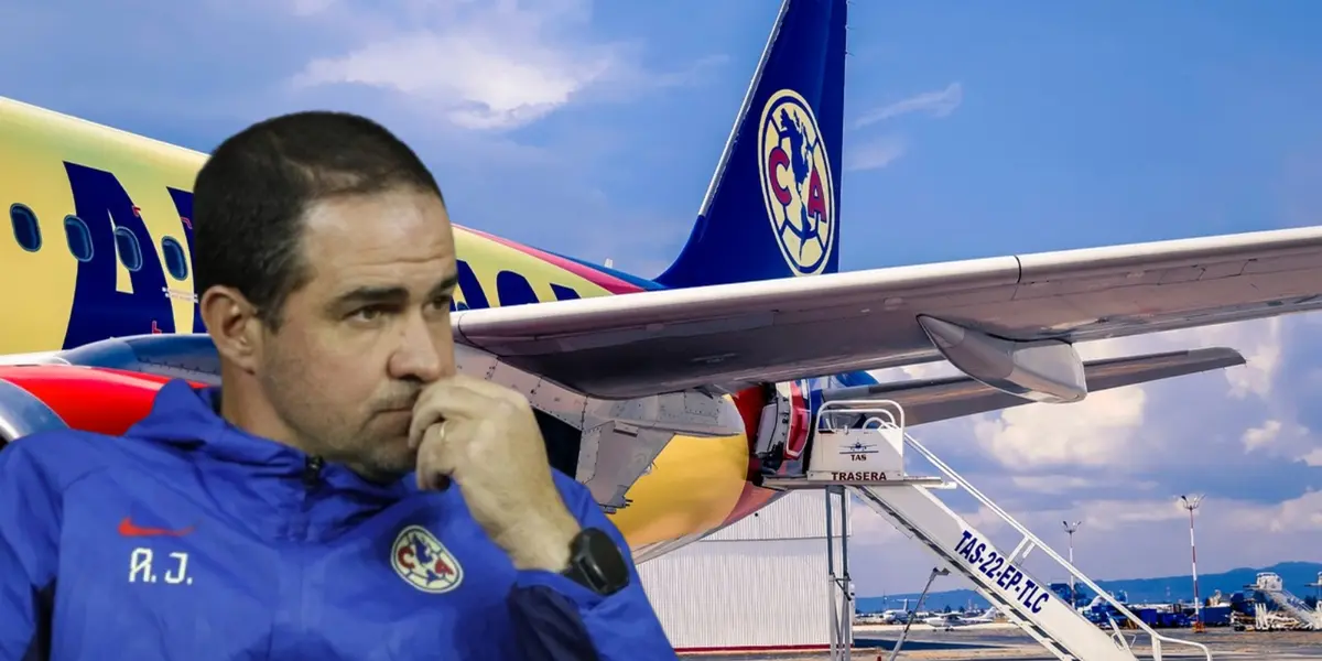 André Jardine junto a avión del América / FOTO UNANIMO DEPORTES