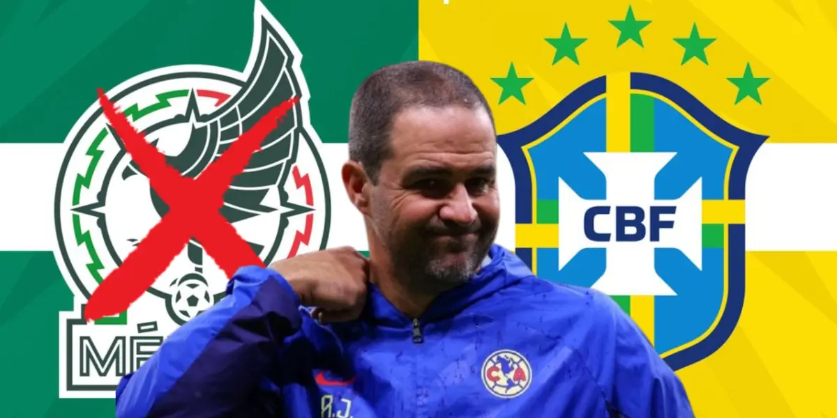 André Jardine junto a los escudos de México y Brasil / FOTO EL UNIVERSAL