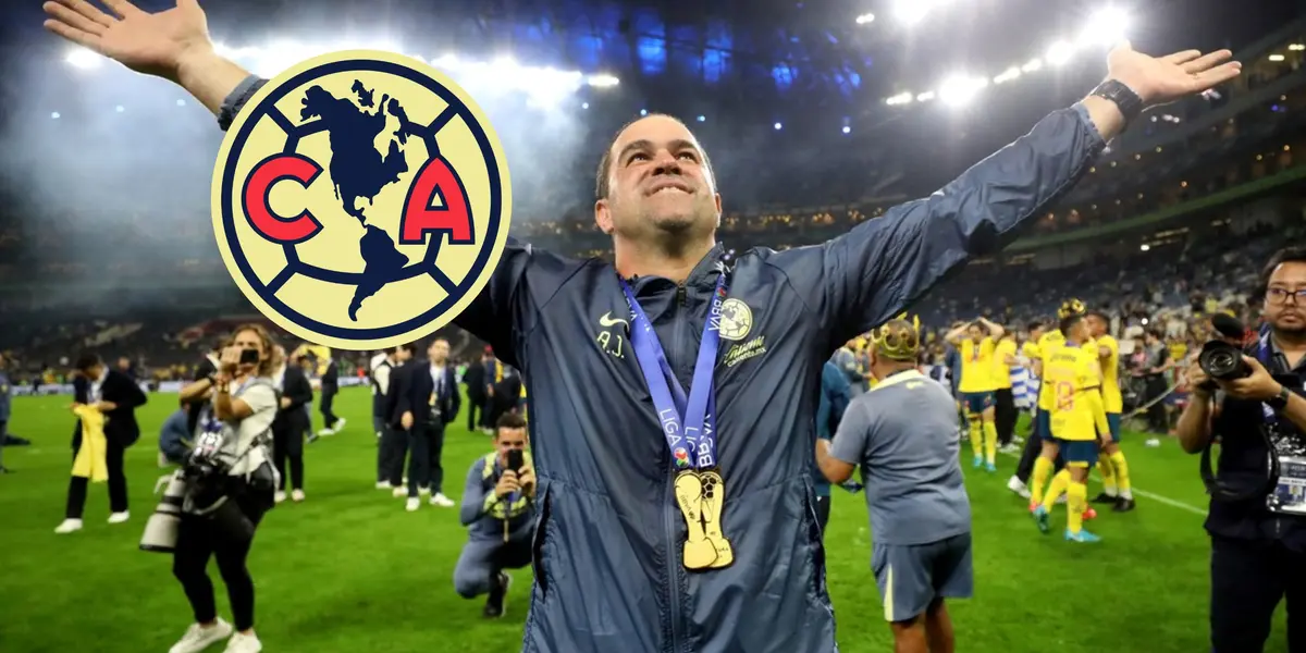 André Jardine levantando sus manos y logo del América/ Foto Diario Olé.