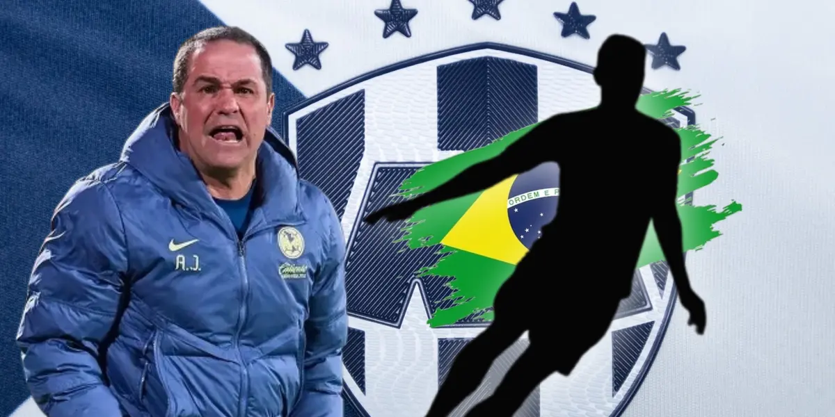 André Jardine molesto y jugador en forma de silueta y bandera de Brasil/Foto Rayados.