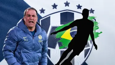 André Jardine molesto y jugador en forma de silueta y bandera de Brasil/Foto Rayados.