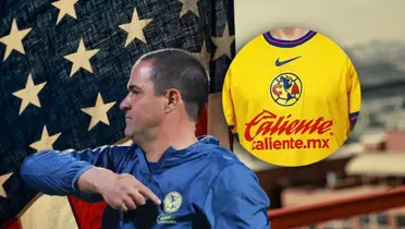 André Jardine señalando escudo e imagen recortada de jugador del América/Fondos Mil.