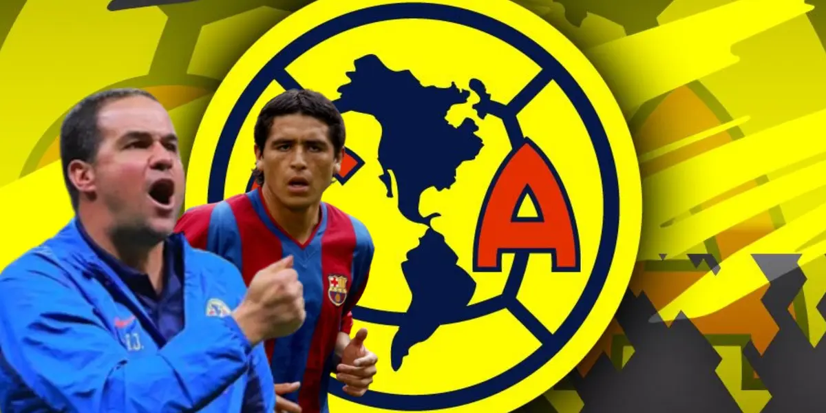 André Jardine y Juan Román Riquelme junto al escudo del América / FOTO GETTY IMAGES