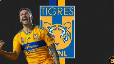 André Pierre Gignac junto al escudo de Tigres / FOTO UNANIMO DEPORTES