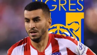 Ángel Correa junto al escudo de Tigres / FOTO ATLÉTICO DE MADRID