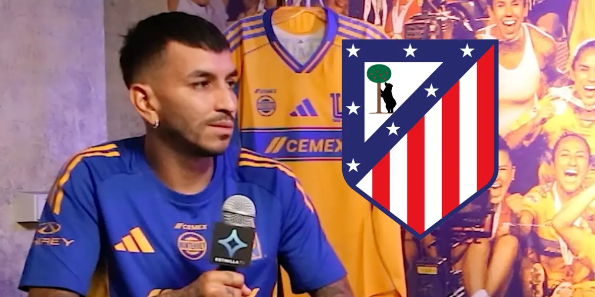Ángel Correa junto al escudo del Atlético de Madrid / FOTO PELLO MALDONADO