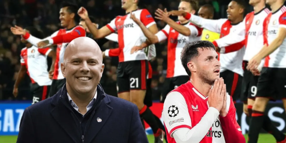 Arne Slot sonriendo y Santiago Giménez con las manos alzadas/ Foto Feyenoord.