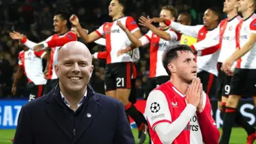 Arne Slot sonriendo y Santiago Giménez con las manos alzadas/ Foto Feyenoord.