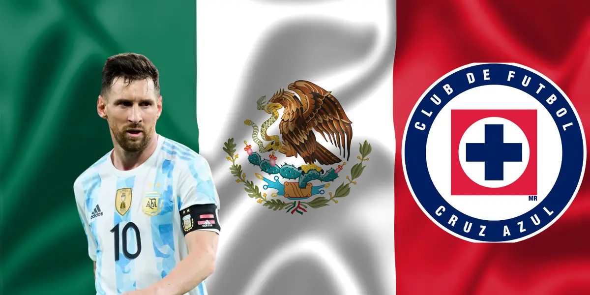 Bandera de México tomada de Canva, con Messi y escudo del Cruz Azul