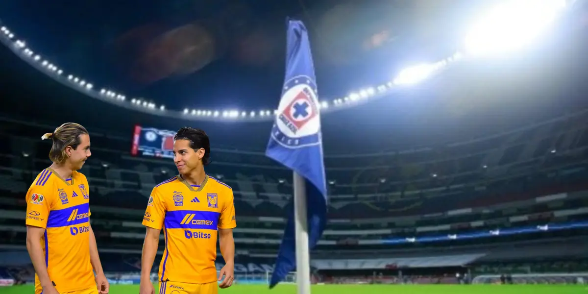 Banderín de Cruz Azul en estadio, foto de Cruz Azul, con Lainez y Córdova al frente