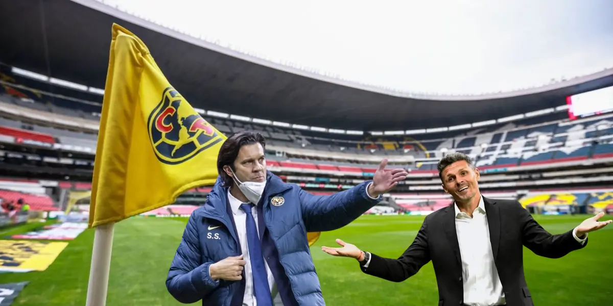 Banderín del América en el Azteca de fondo, tomado del Club América, con Ortiz y Solari al frente