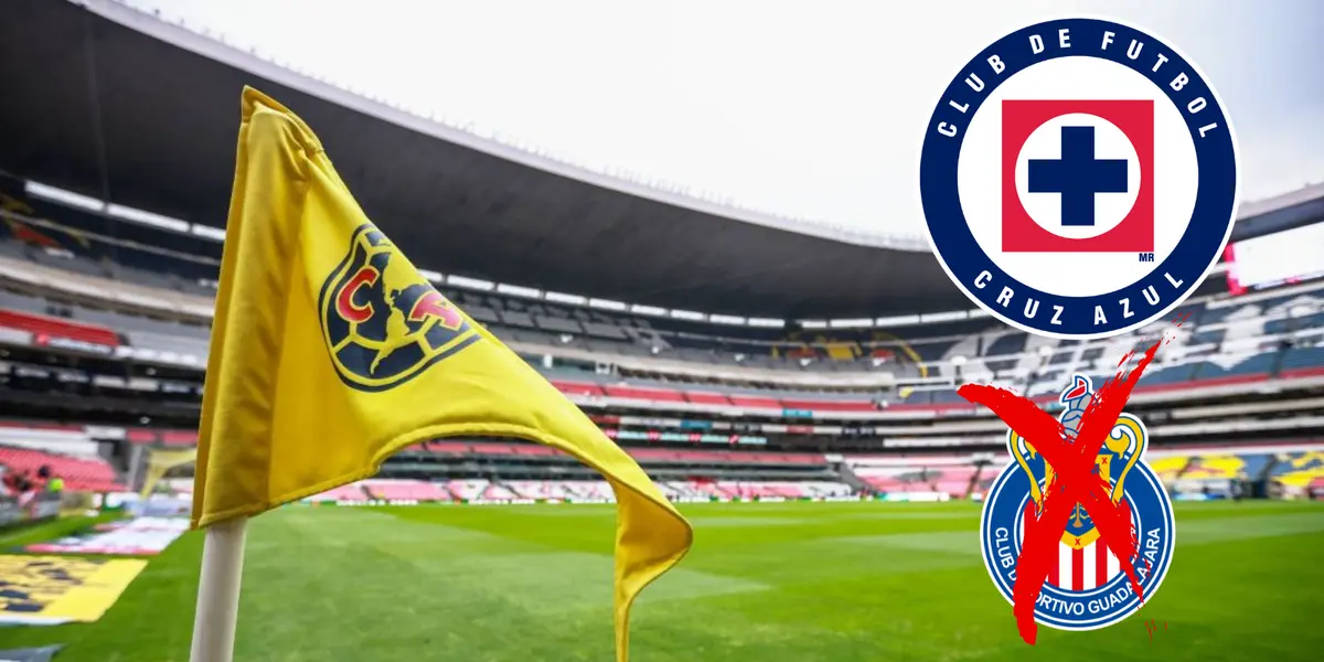 Banderín en el Azteca, tomado de Club América, con escudo de Chivas y Cruz Azul