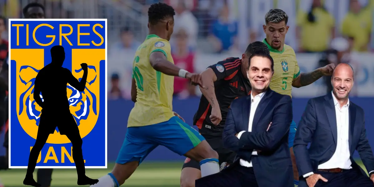 Brasil vs Colombia de fondo, foto de Marca, con Martinoli, García y escudo de Tigres.