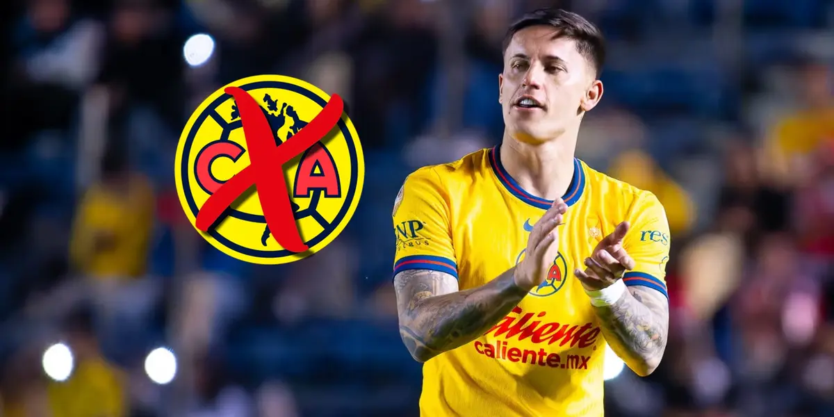 Brian Rodríguez aplaudiendo y logo del América con cruz/ Foto Heraldo de San Luis Potosí.