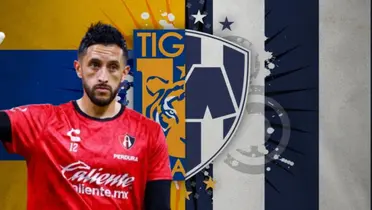 Camilo Vargas junto a los escudos de Tigres y Rayados / FOTO BOLAVIP