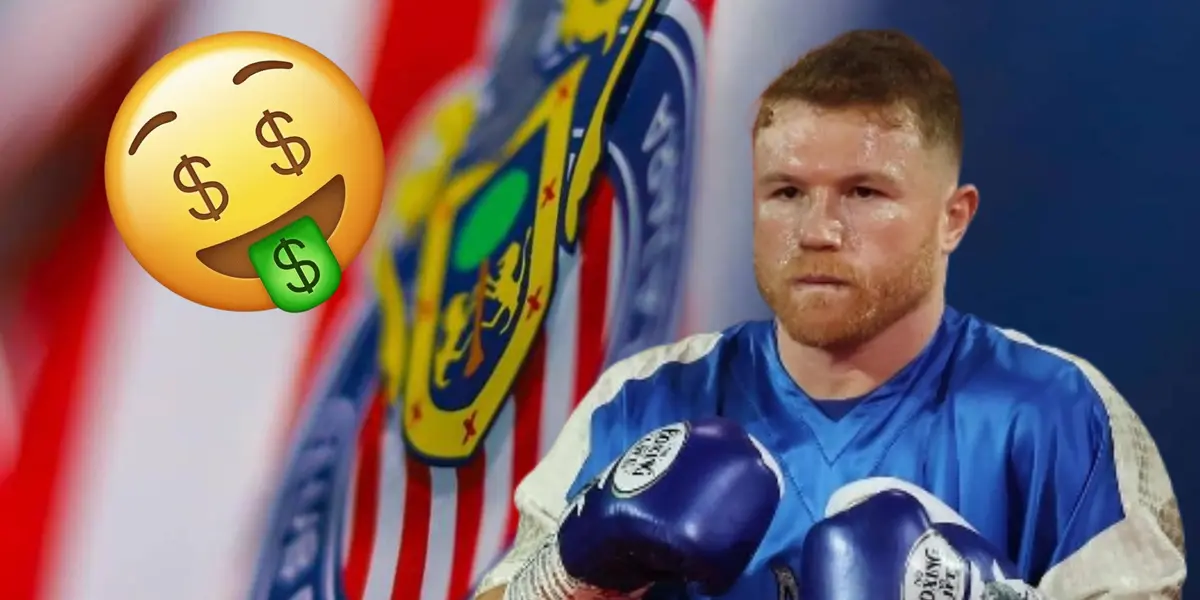 Canelo Álvarez, emoji de dinero y escudo de Chivas/ Foto Mediotiempo.