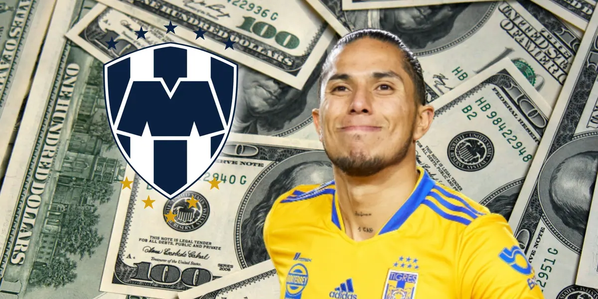 Carlos Salcedo entre dólares y escudo de Rayados/Foto tOrange.biz