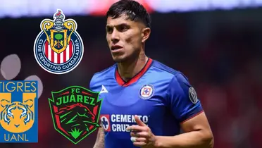 Carlos Salcedo junto a escudos de Chivas, Tigres y Juárez / FOTO TV AZTECA