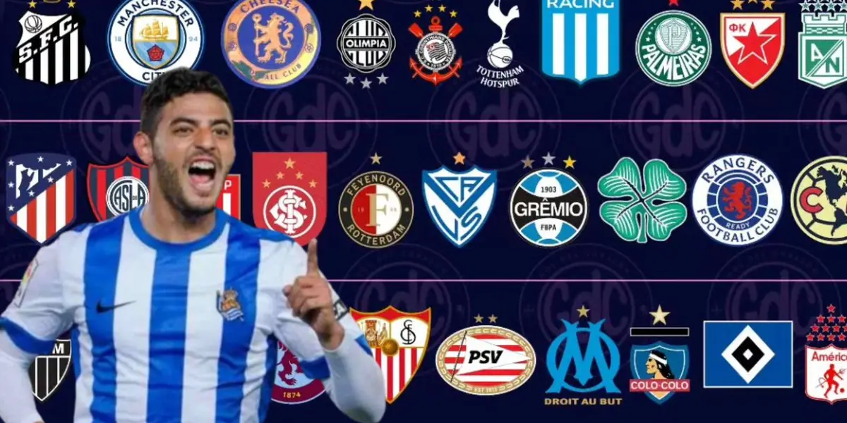 Carlos Vela junto a escudos de varios clubes del mundo / FOTO EFE