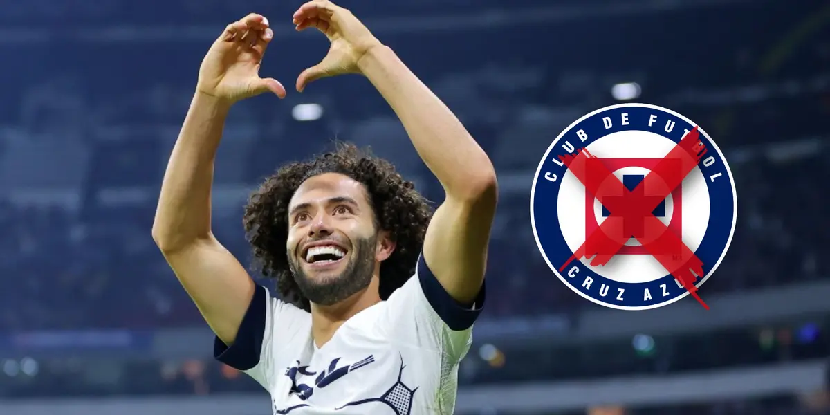 César Huerta celebrando y escudo de Cruz Azul con cruz en medio/ Foto Milenio.