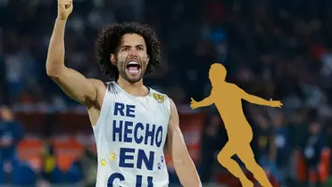 César Huerta celebrando y silueta de jugador corriendo/ Foto Marca.