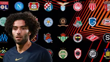 César Huerta junto a escudos de clubes de Europa / FOTO GETTY IMAGES
