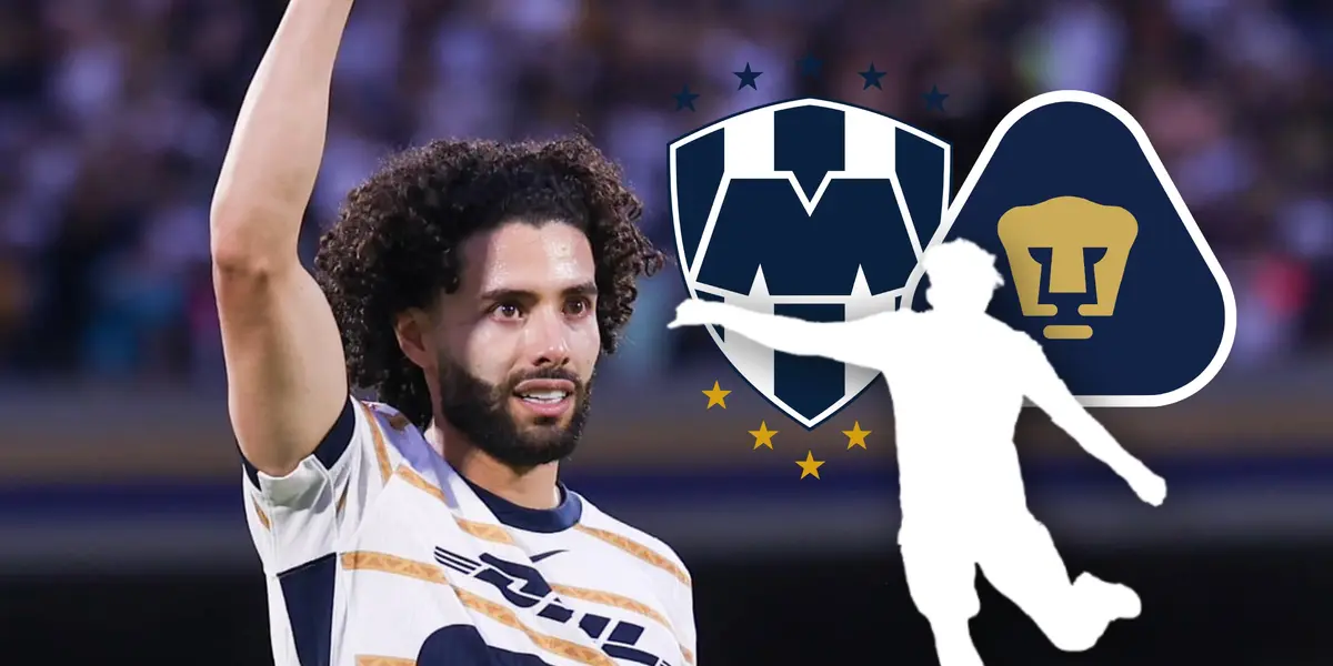 César Huerta saludando, silueta de jugador y escudos de Monterrey y Pumas/Foto Facebook.