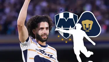 César Huerta saludando, silueta de jugador y escudos de Monterrey y Pumas/Foto Facebook.