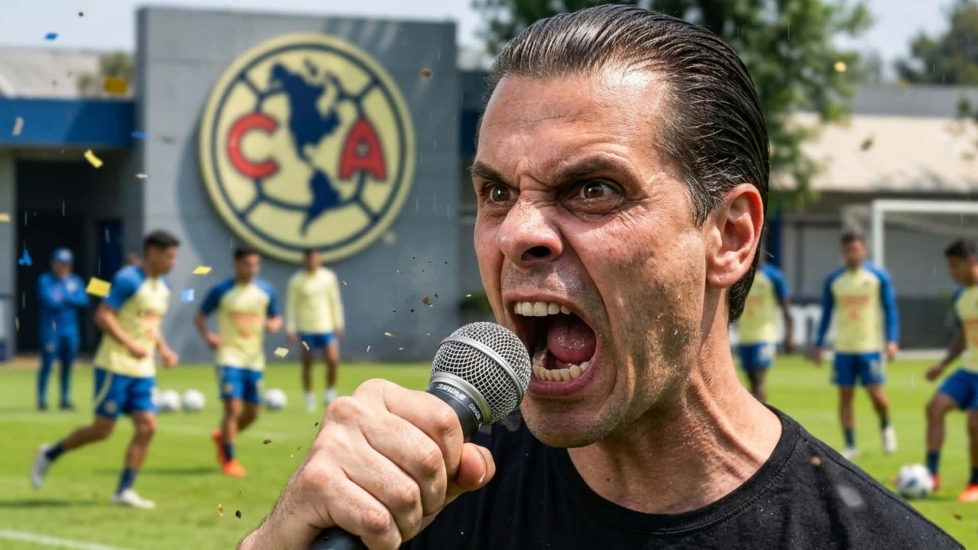 Christian Martinoli enojado y al fondo entrenando el Club América