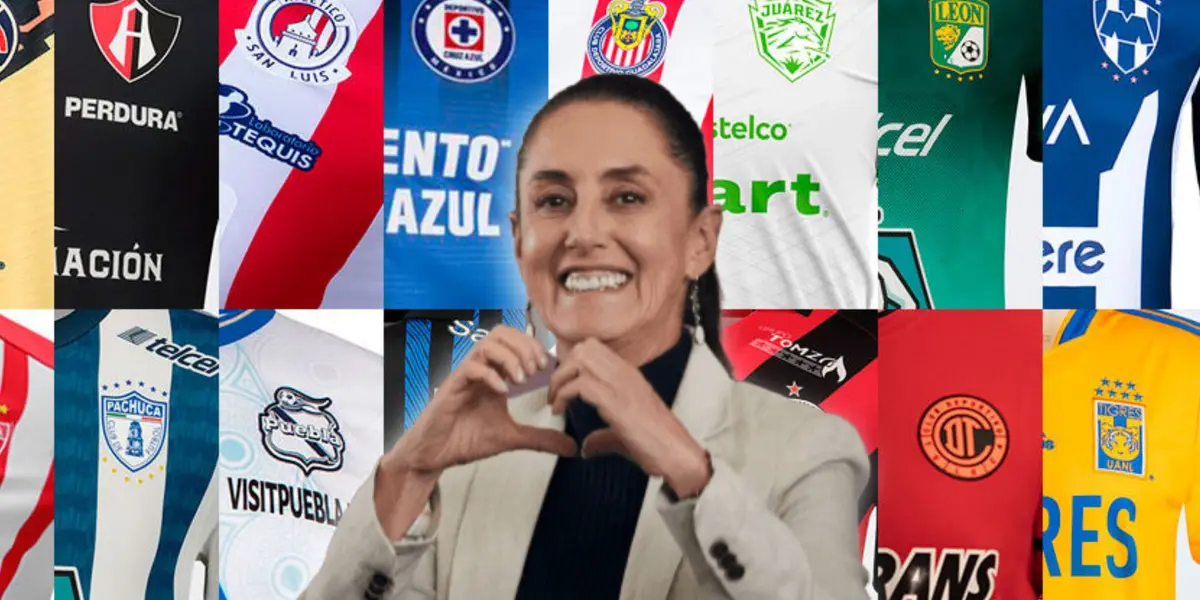 Claudia Sheinbaum haciendo corazón y playeras de equipos/ Foto Todo sobre camisetas.
