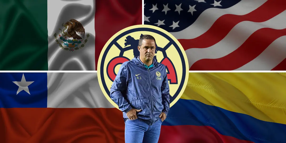 Collage de banderas, con escudo del América y Jardine