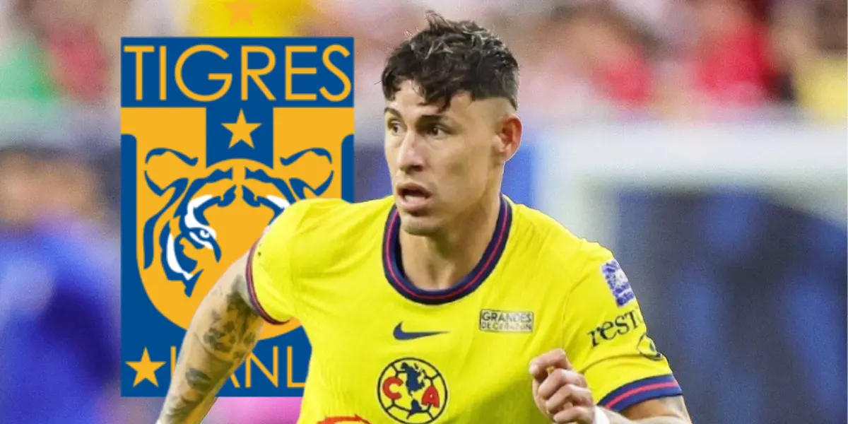 Cristian Calderón junto al escudo de Tigres / FOTO JUAN FÚTBOL